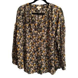 J. Jill Textured Blue Yellow Floral Top Blouse Front Button Long Sleeve Sz 2X